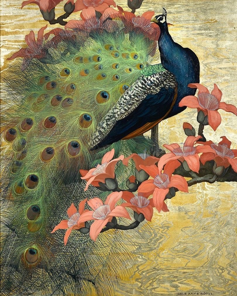 Flaming and raucous birds and blooms by Jesse Arms Botke (1883-1971)